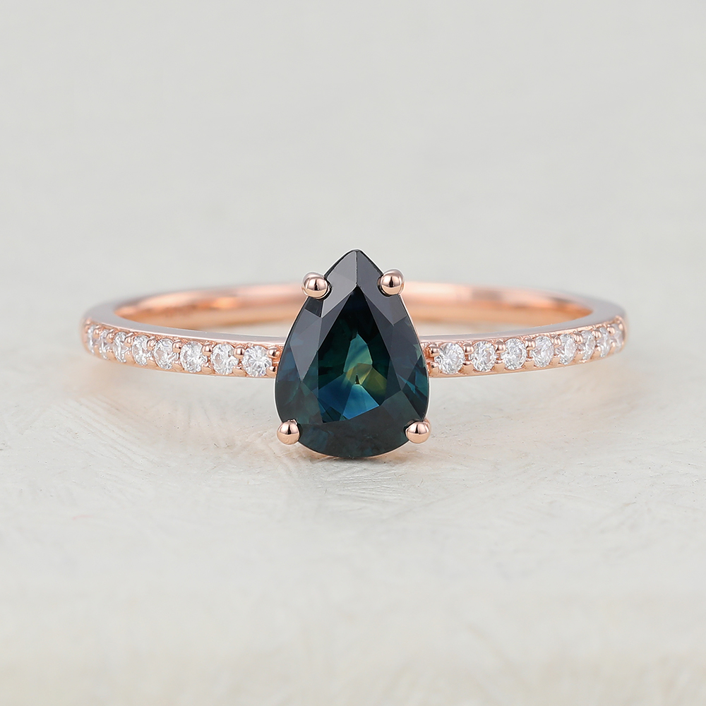 Juyoyo Pear shaped Blue Green Sapphire Rose gold engagement ring