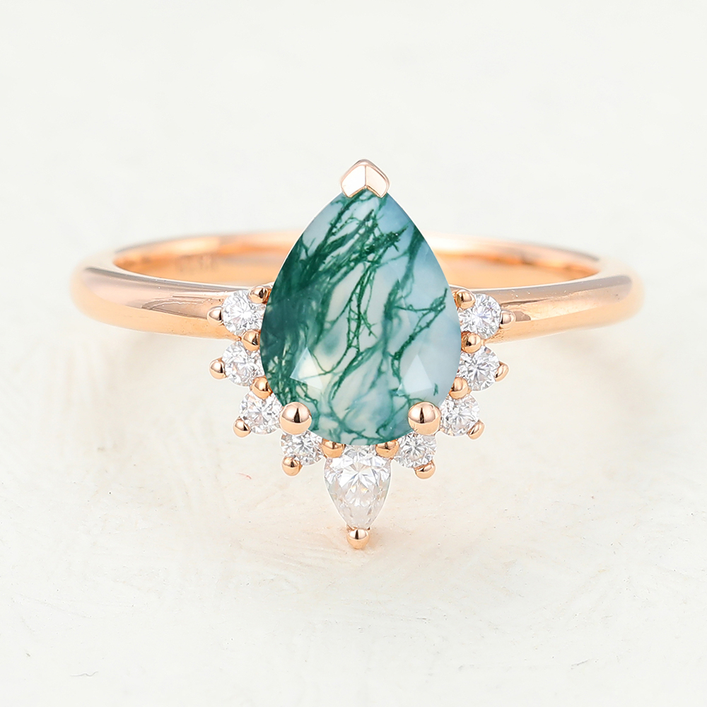 Juyoyo Pear shaped Rose Gold Moss Agate Engagement Ring
