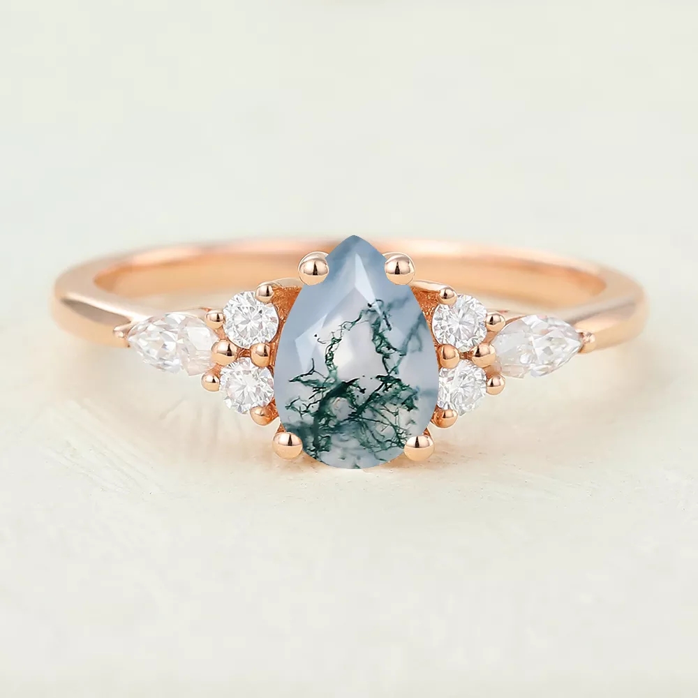 Juyoyo pear shaped moss agate rose gold engagement rings