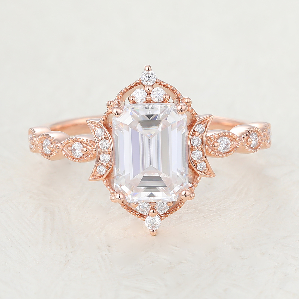 Juyoyo Emerald Cut Moissanite Rose Gold Halo Engagement Ring
