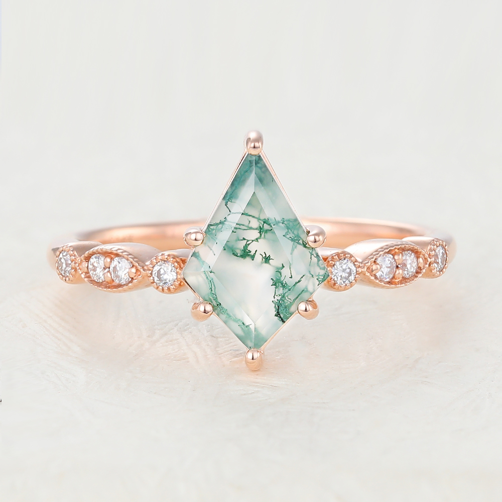 Juyoyo Kite Shaped Vintage Rose Gold Moss Agate Engagement Ring