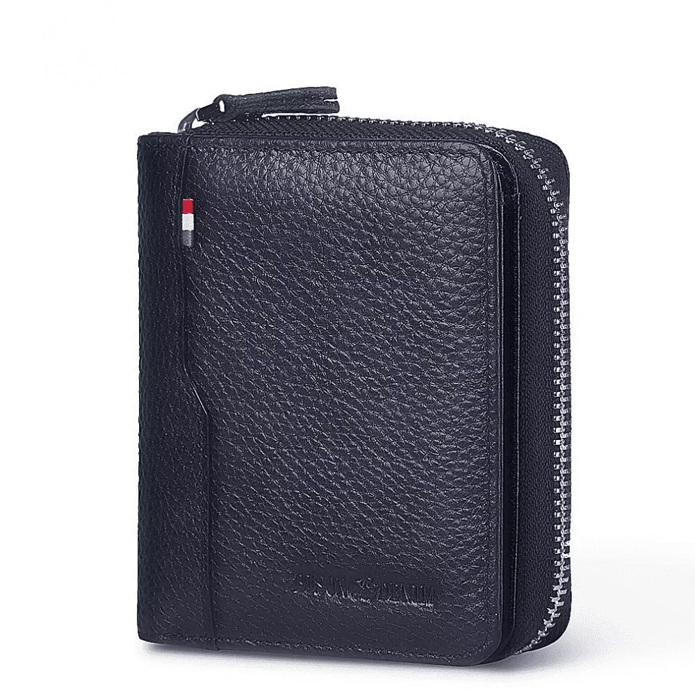 BISON DENIM Genuine Leather with Zipper Rfid Blocking Short Wallet W4534