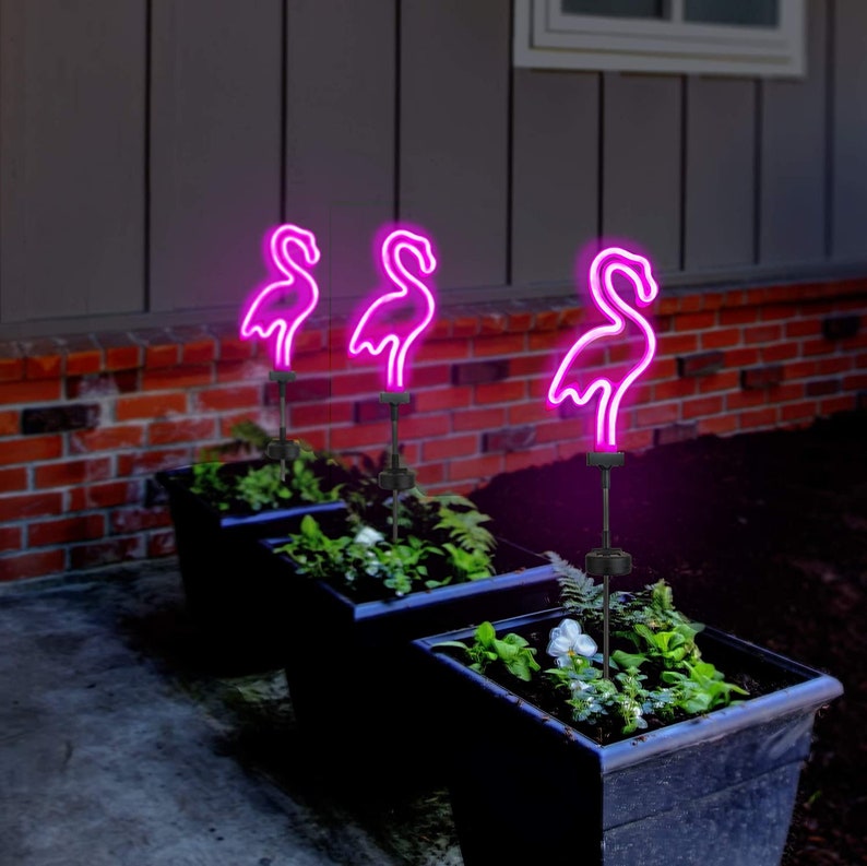 Solar LED Neon Pink Flamingo Friendly Garden Stake Light Sign