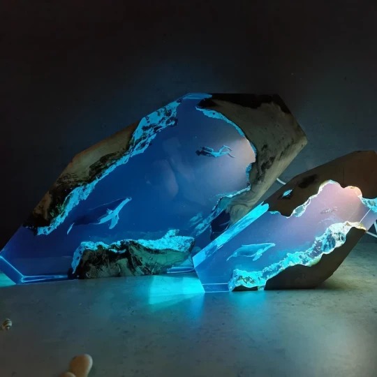 Large Epoxy Resin Wood Light Lamp, Diver and Humpback whale