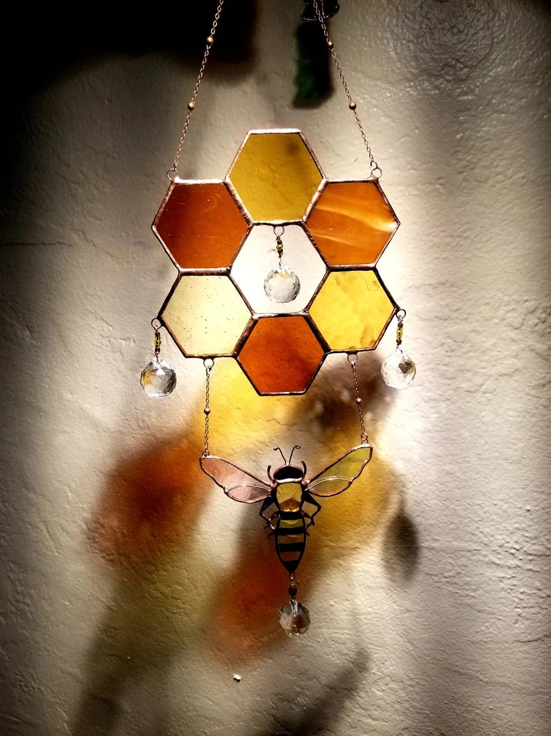 🐝Clear Stained honeycomb bee suncatcher