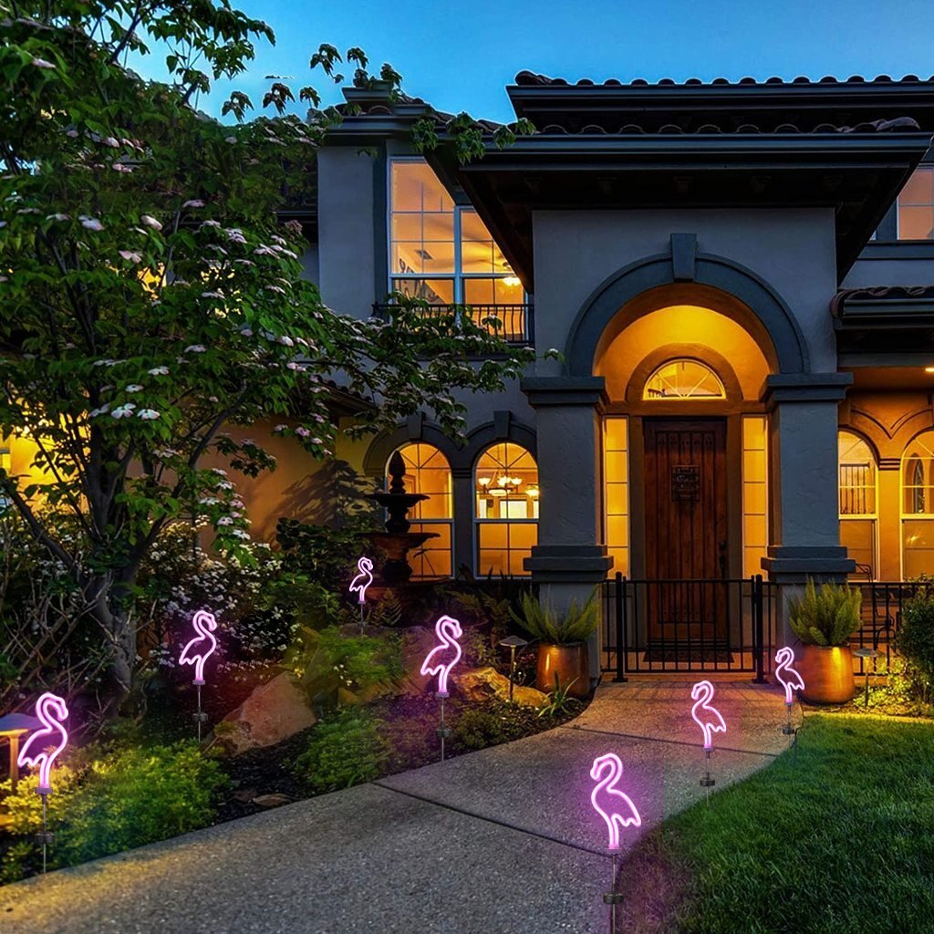 Solar LED Neon Pink Flamingo Friendly Garden Stake Light Sign