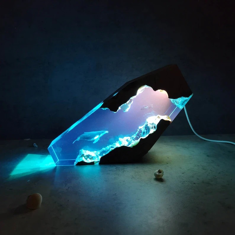 Large Epoxy Resin Wood Light Lamp, Diver and Humpback whale