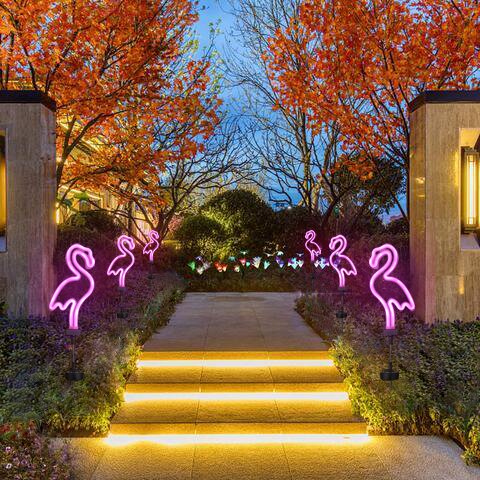 Solar LED Neon Pink Flamingo Friendly Garden Stake Light Sign
