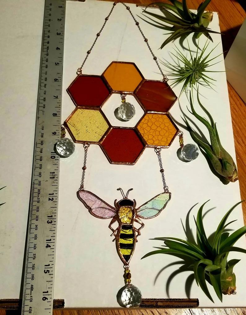 🐝Clear Stained honeycomb bee suncatcher
