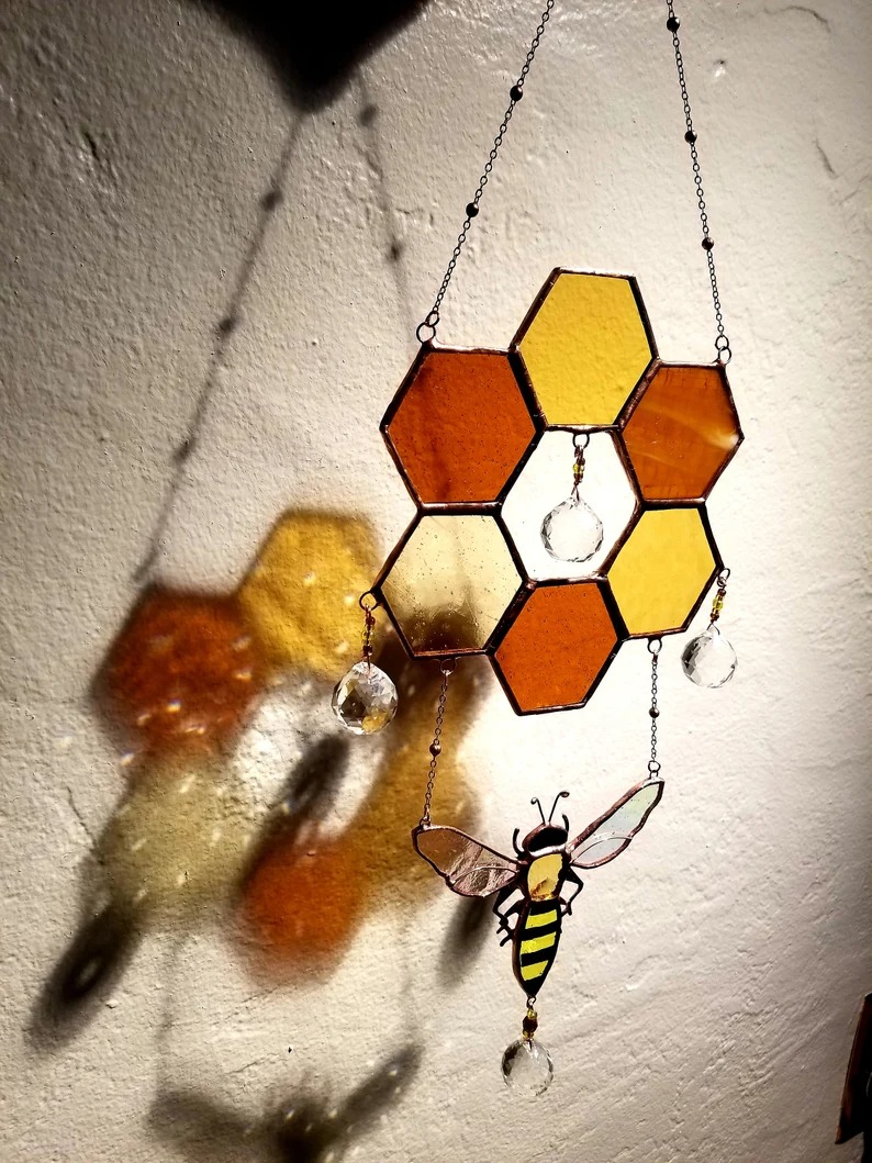 🐝Clear Stained honeycomb bee suncatcher