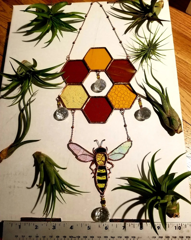🐝Clear Stained honeycomb bee suncatcher