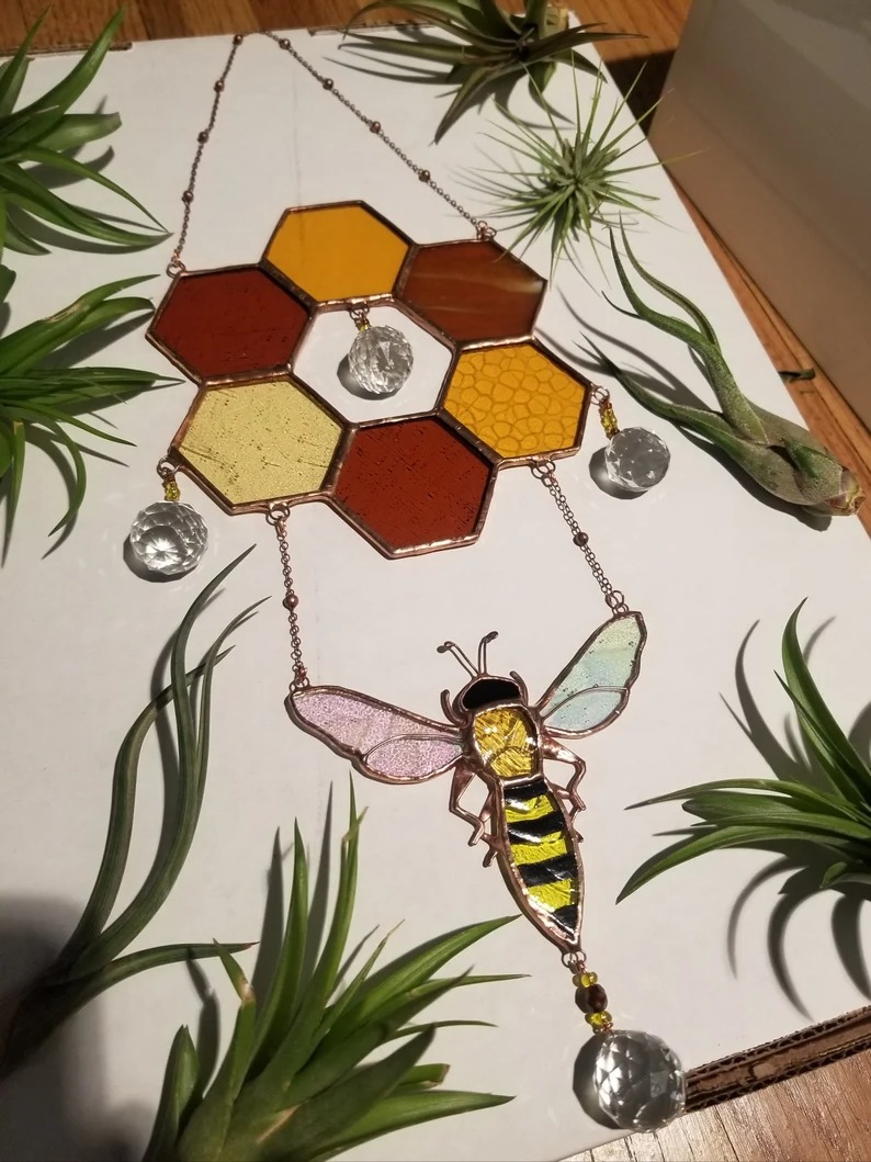 🐝Clear Stained honeycomb bee suncatcher