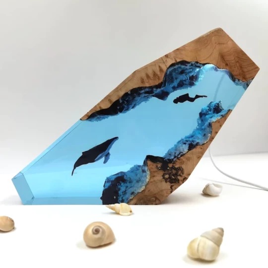 Large Epoxy Resin Wood Light Lamp, Diver and Humpback whale