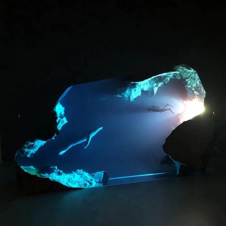 Large Epoxy Resin Wood Light Lamp, Diver and Humpback whale