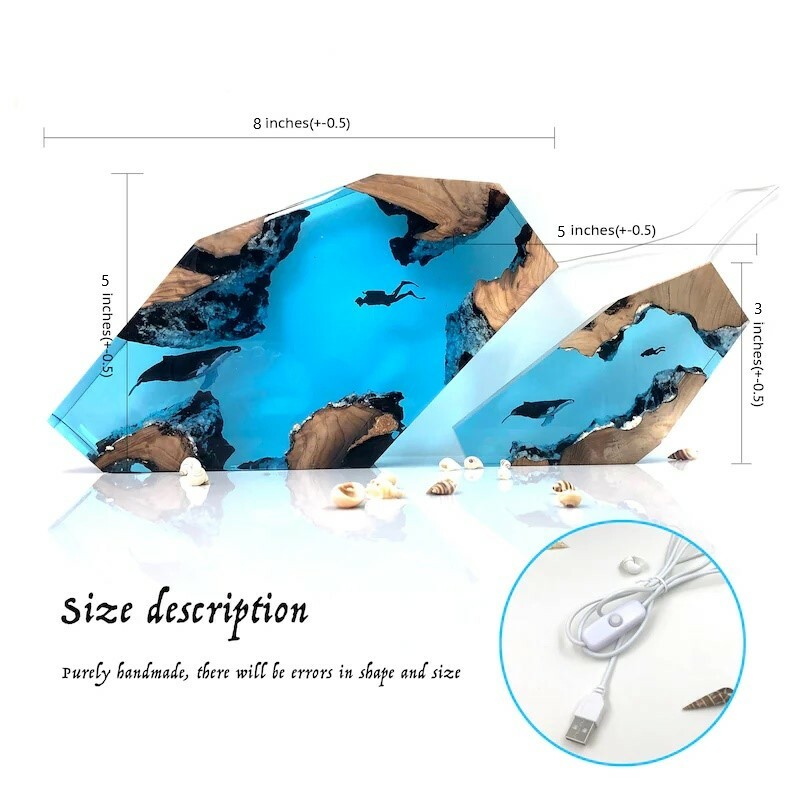 Large Epoxy Resin Wood Light Lamp, Diver and Humpback whale