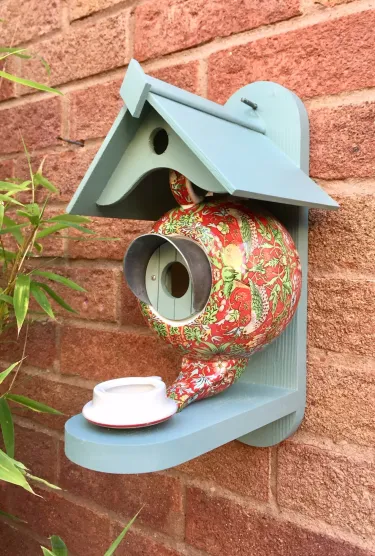 Teal Teapot Bird House and Feeder