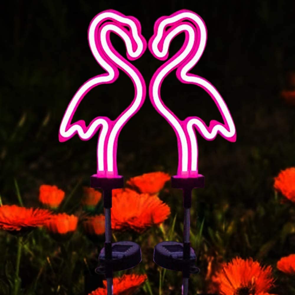 Solar LED Neon Pink Flamingo Friendly Garden Stake Light Sign
