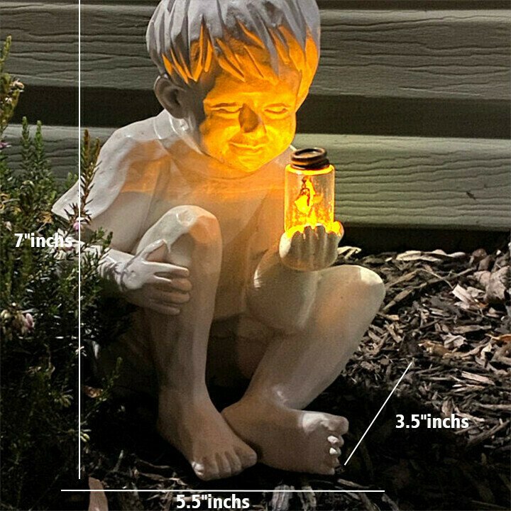 A Kid with Solar Fireflies Garden Statue-Garden Decoration