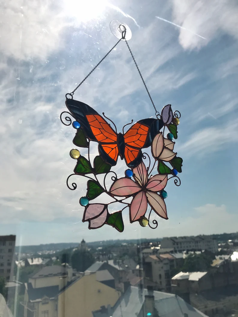 Monarch Butterfly & flowers sun catcher