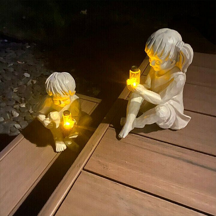 A Kid with Solar Fireflies Garden Statue-Garden Decoration