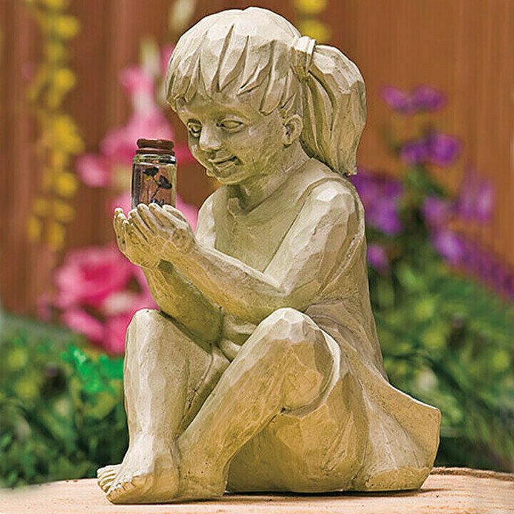A Kid with Solar Fireflies Garden Statue-Garden Decoration