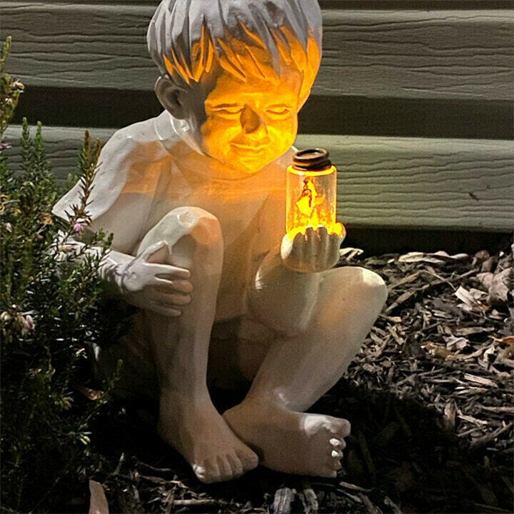 A Kid with Solar Fireflies Garden Statue-Garden Decoration