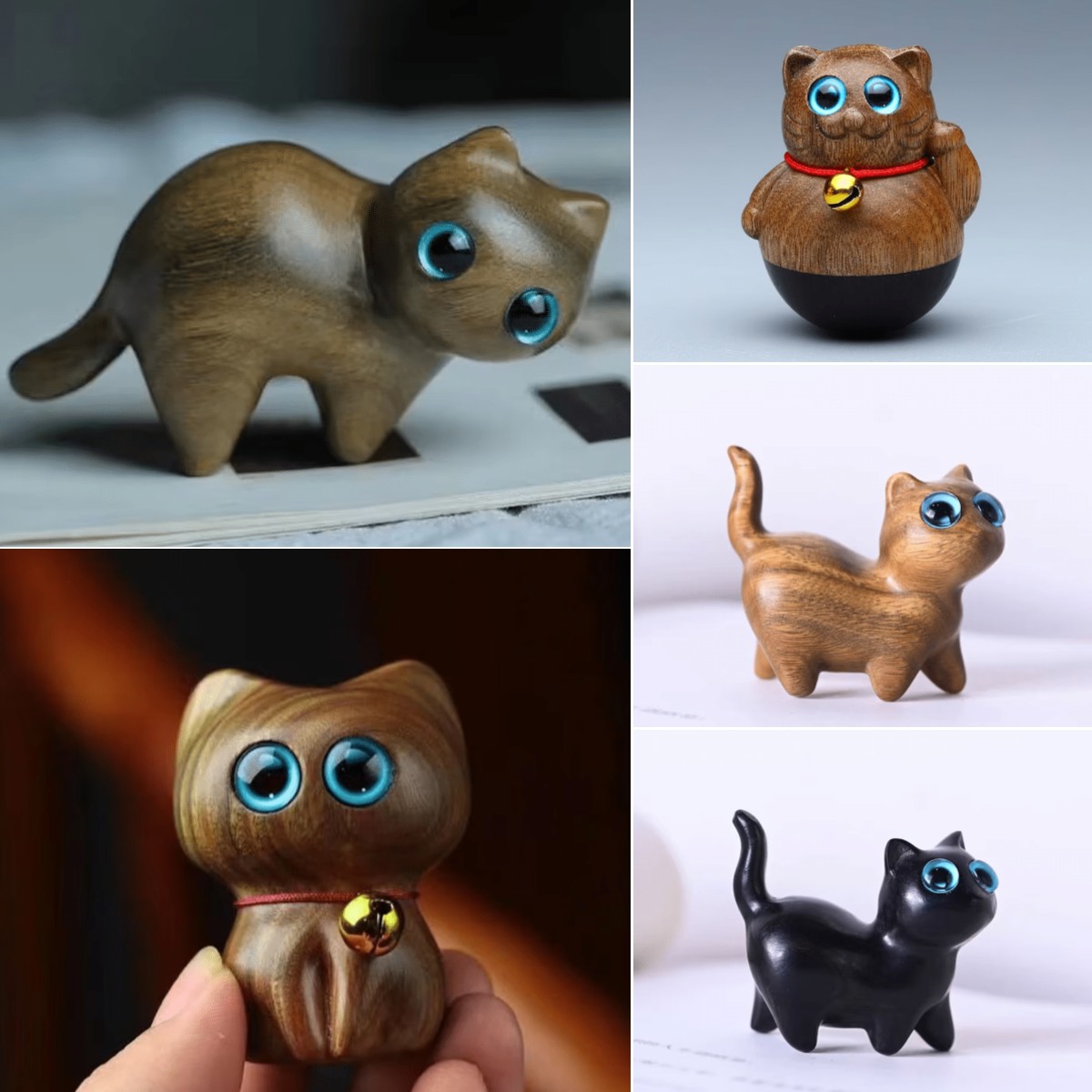 Handmade Wood Carved Cats