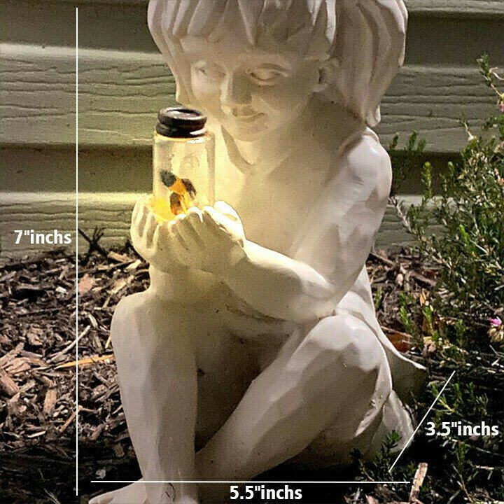 A Kid with Solar Fireflies Garden Statue-Garden Decoration
