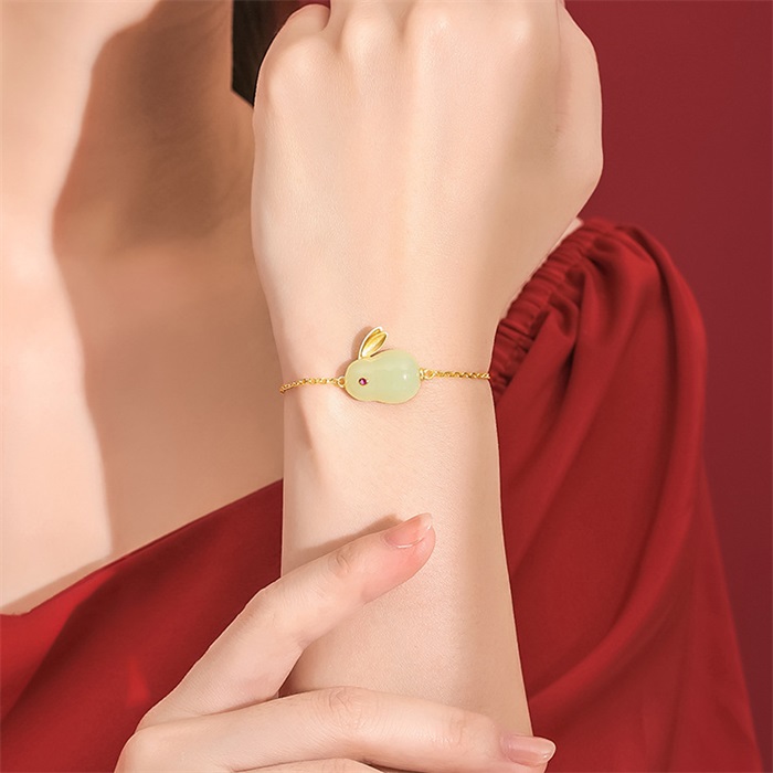 925 Sterling Silver Hetian Jade Lucky Rabbit Jewelry Set-belovejewel.com