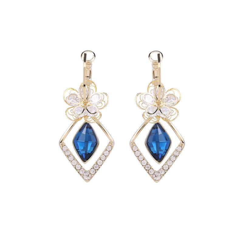 Flower Zircon Rhombic Sapphire Drop Earrings-belovejewel.com