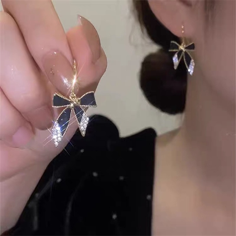 Crystal Elegant Black Bow Earrings-belovejewel.com