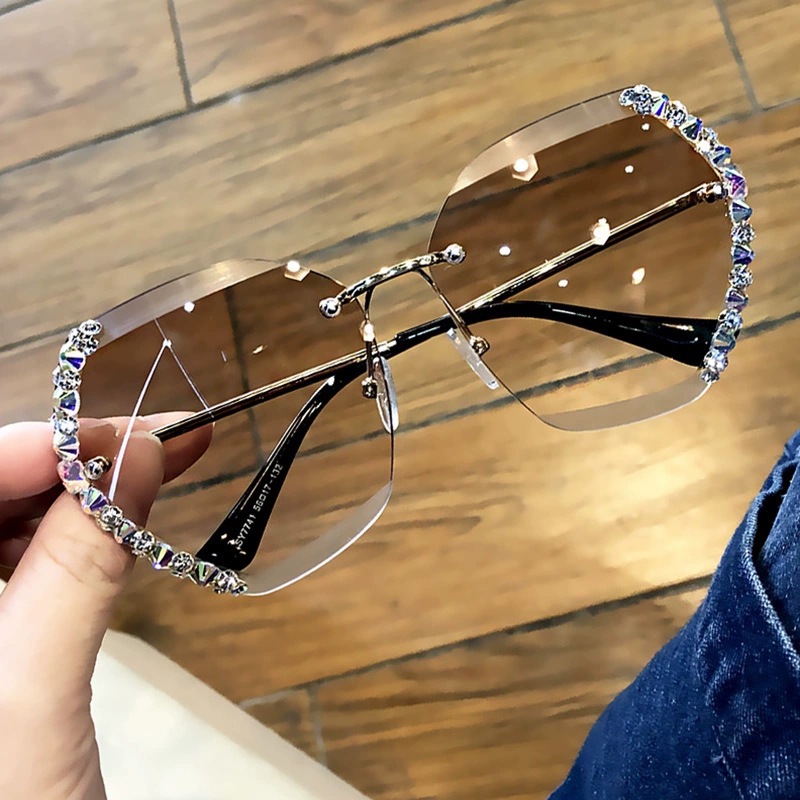 Retro Diamond Rimless Oversized Sunglasses-belovejewel.com