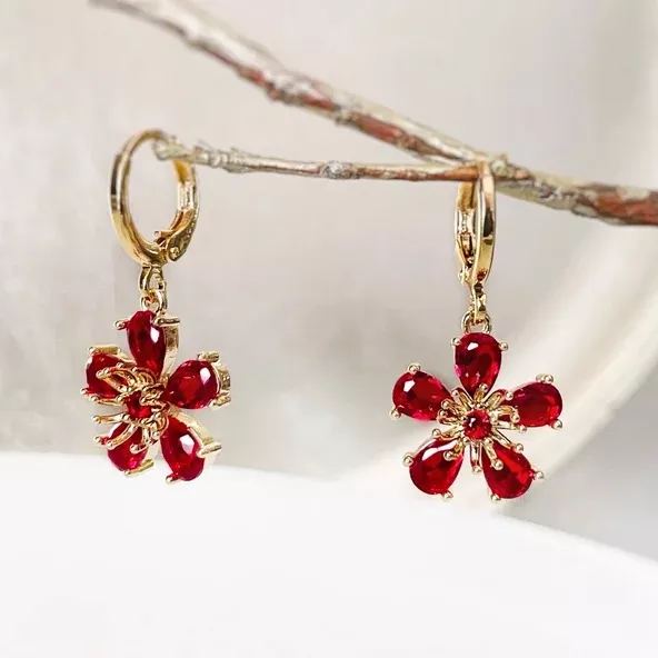 Garnet Flower Dangle Birthstone Earrings | Gift for Her-belovejewel.com