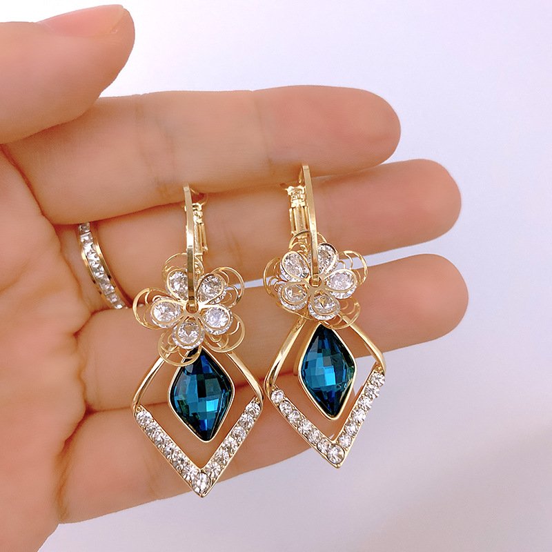 Flower Zircon Rhombic Sapphire Drop Earrings-belovejewel.com