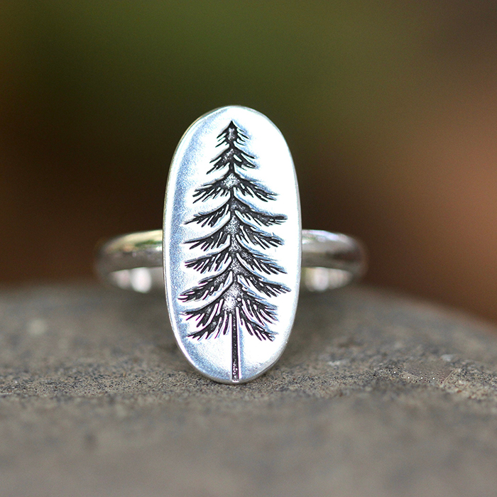 Sterling Silver Etched Pine Tree Ring-belovejewel.com