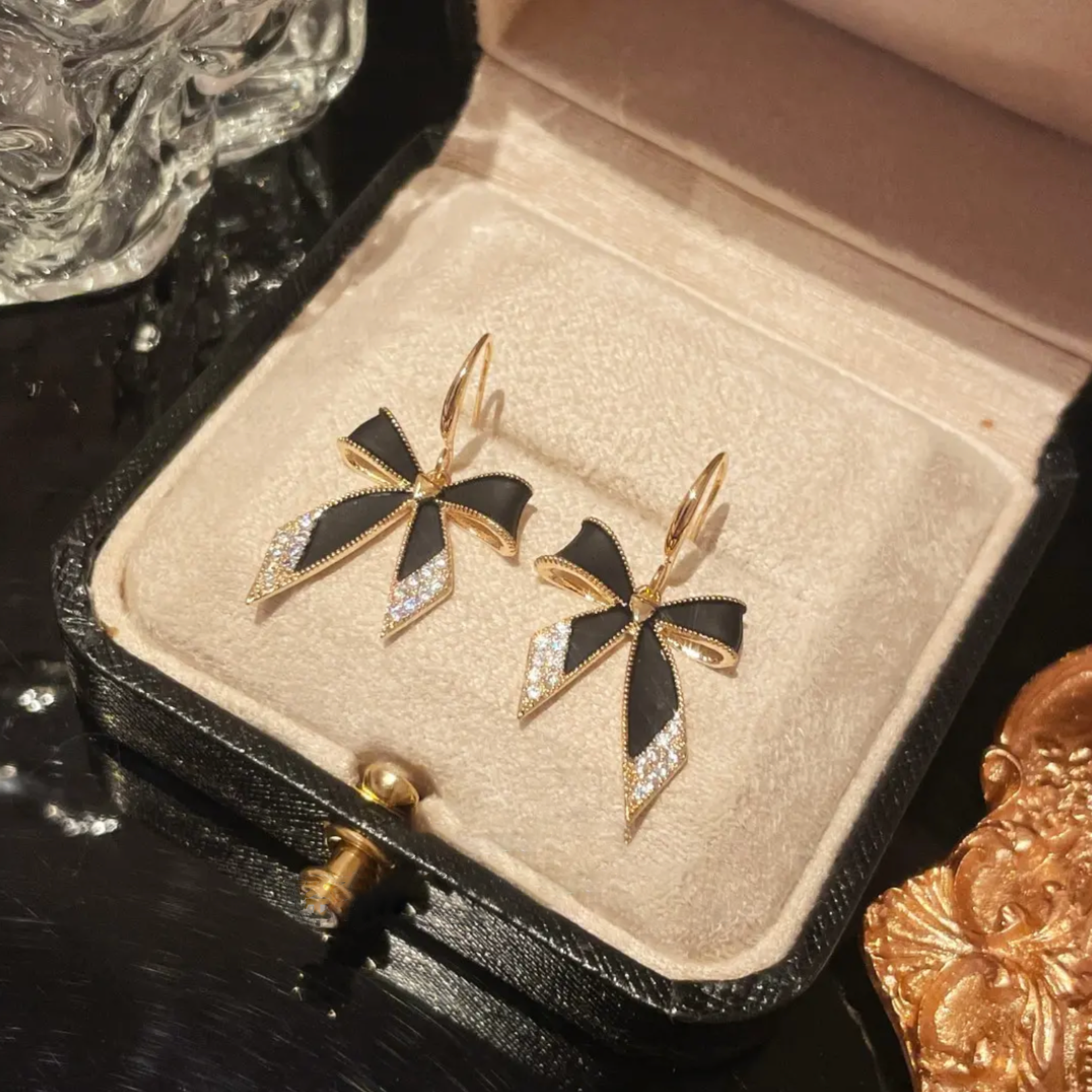 Austrian Crystal Elegant Black Bow Earrings
