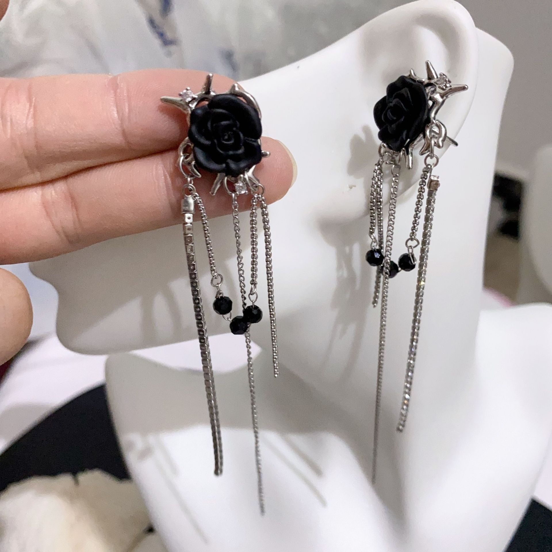 Gothic Rose Tassel Style Zircon Non Pierced Earrings-belovejewel.com