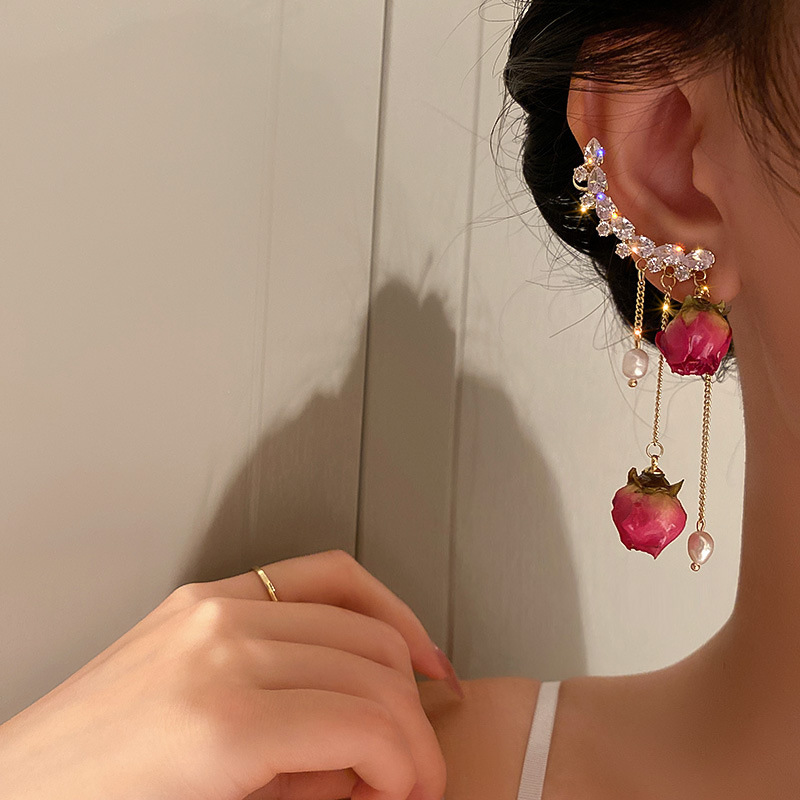 Rhinestone Pearl Dried Rose Flower Earrings-belovejewel.com