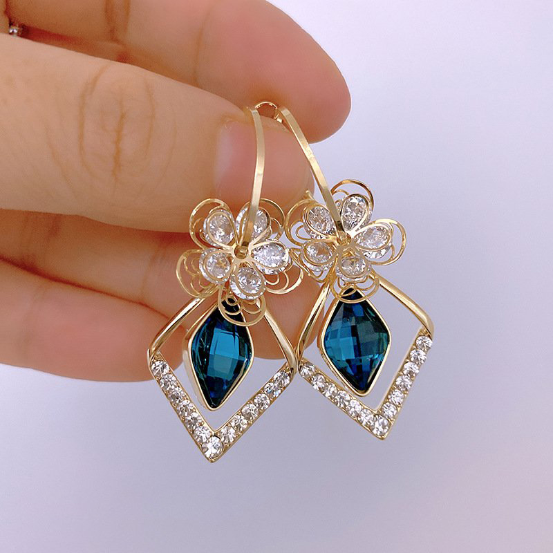 Flower Zircon Rhombic Sapphire Drop Earrings-belovejewel.com