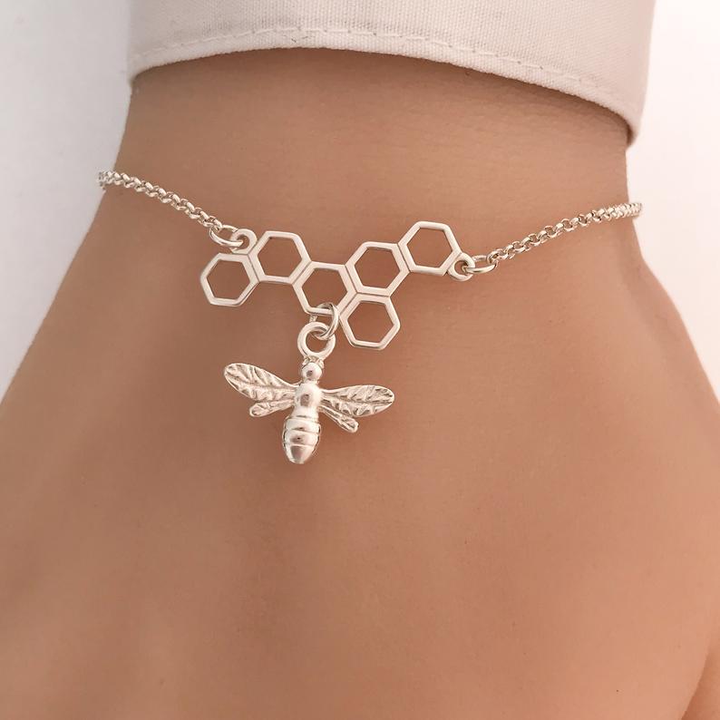 Sterling Silver Bee and Honeycomb Bracelet