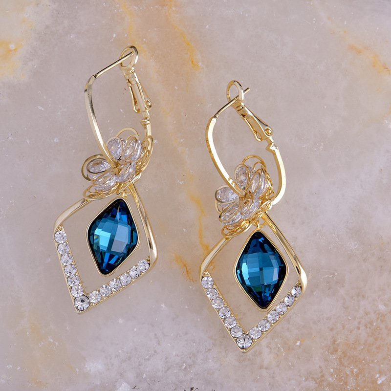 Flower Zircon Rhombic Sapphire Drop Earrings-belovejewel.com