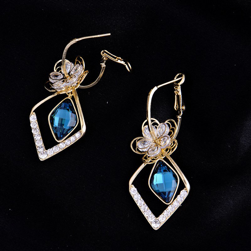 Flower Zircon Rhombic Sapphire Drop Earrings-belovejewel.com