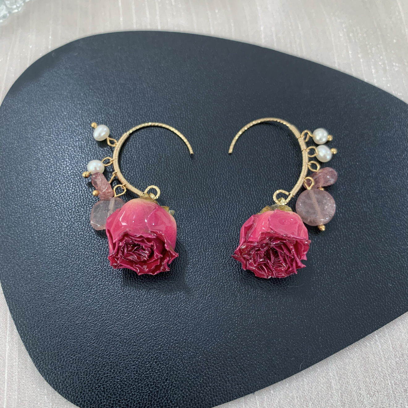 Pearl Dried Rose Flower Earrings