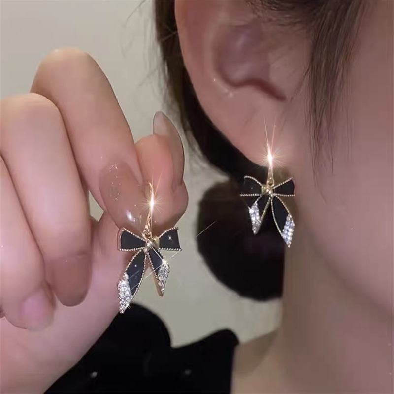 Crystal Elegant Black Bow Earrings-belovejewel.com