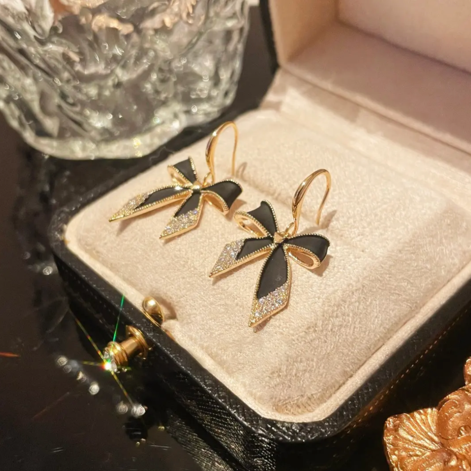 Crystal Elegant Black Bow Earrings-belovejewel.com