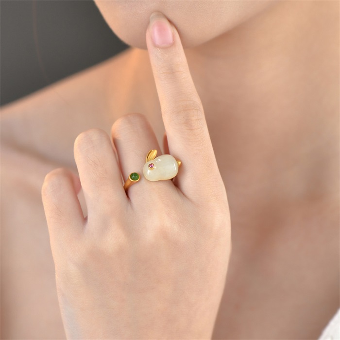 925 Sterling Silver Hetian Jade Lucky Rabbit Jewelry Set-belovejewel.com