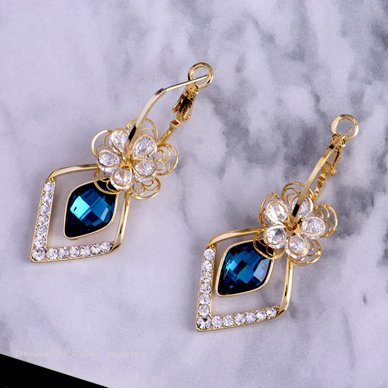 Flower Zircon Rhombic Sapphire Drop Earrings-belovejewel.com