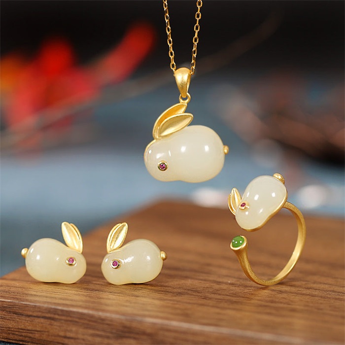925 Sterling Silver Hetian Jade Lucky Rabbit Jewelry Set-belovejewel.com