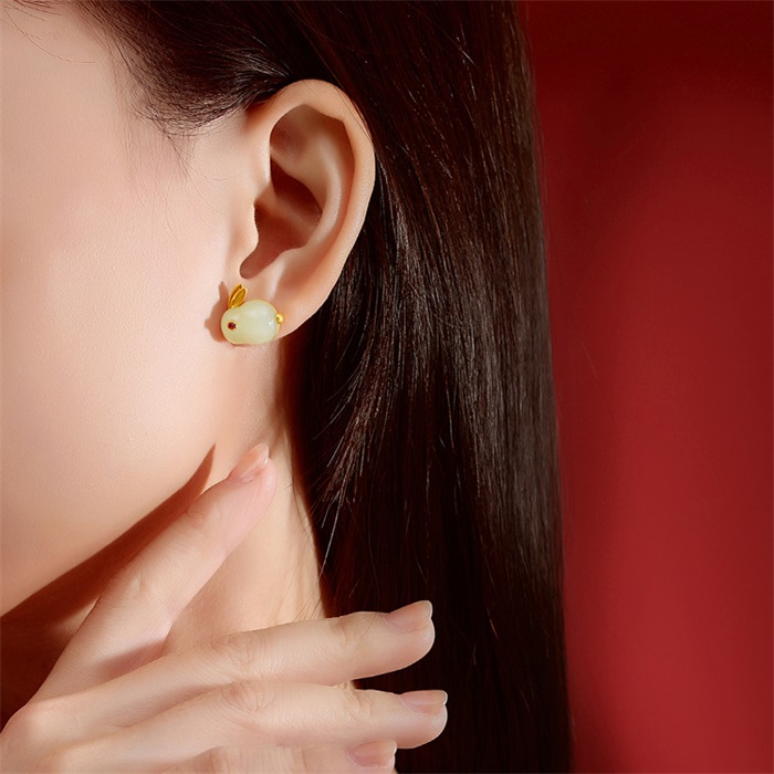 925 Sterling Silver Hetian Jade Lucky Rabbit Jewelry Set-belovejewel.com