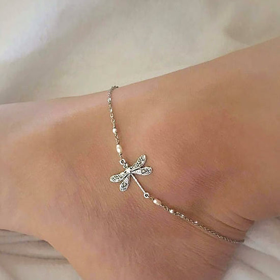 Silver Dragonfly Anklet With Pearl